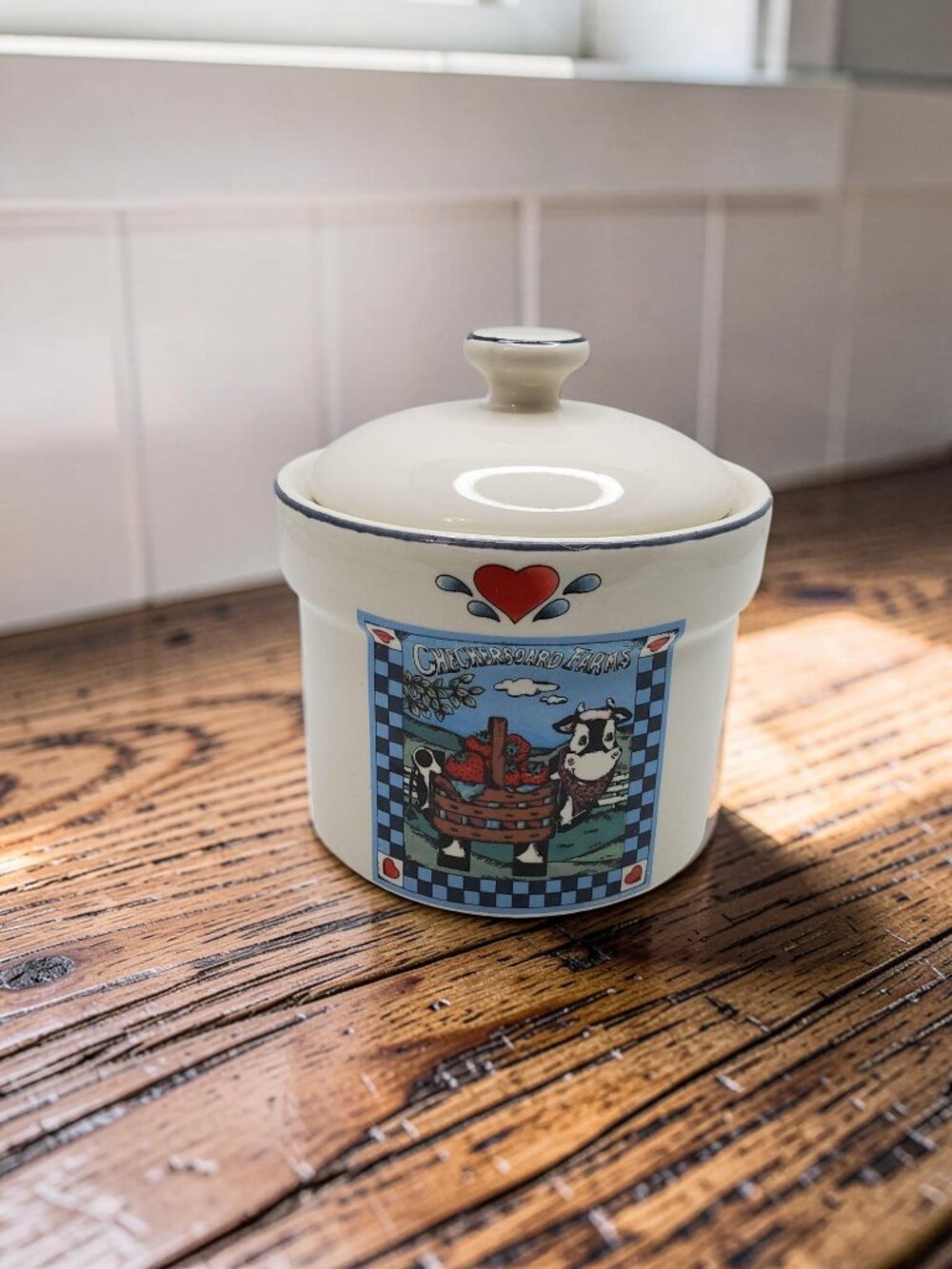 vintage transfar international ceramic checkerboard farms small crock